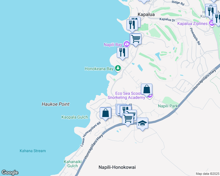 map of restaurants, bars, coffee shops, grocery stores, and more near 5177 Lower Honoapiilani Road in Lahaina
