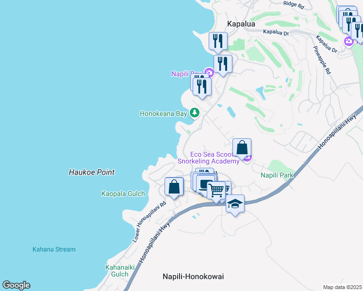 map of restaurants, bars, coffee shops, grocery stores, and more near 5187 Lower Honoapiilani Road in Lahaina