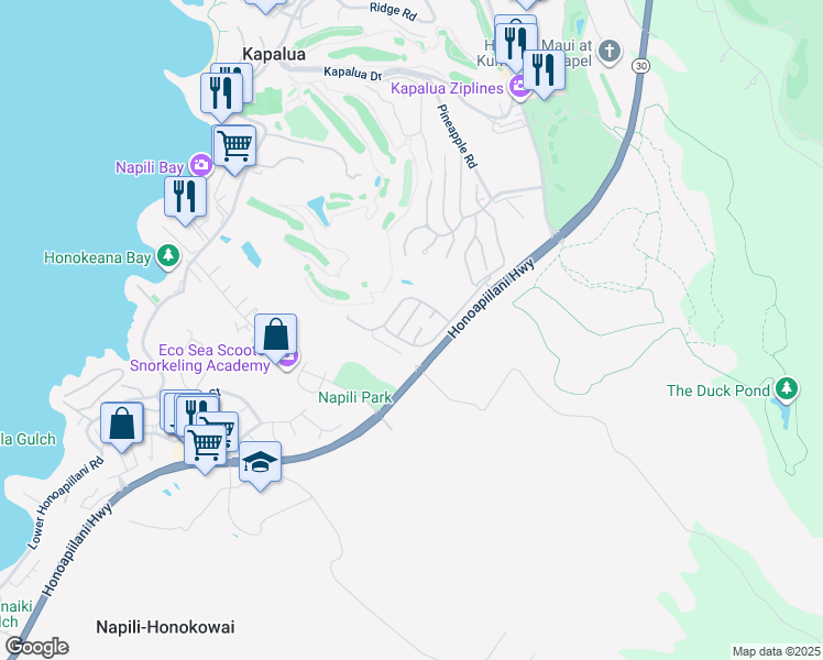map of restaurants, bars, coffee shops, grocery stores, and more near 232 Crestview Road in Lahaina