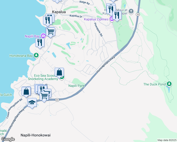 map of restaurants, bars, coffee shops, grocery stores, and more near 232 Crestview Road in Lahaina