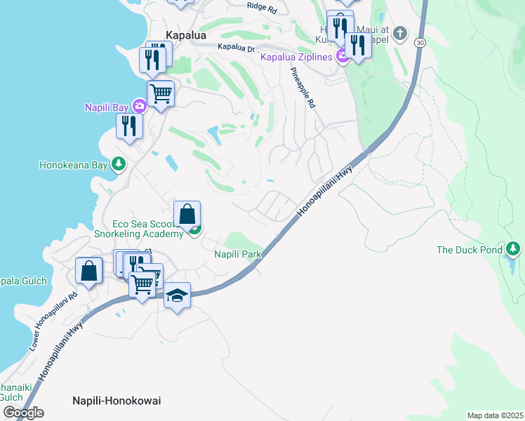 map of restaurants, bars, coffee shops, grocery stores, and more near 120 Pulelehua Place in Lahaina