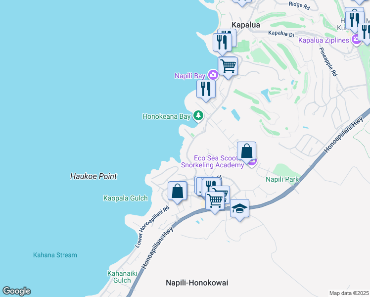 map of restaurants, bars, coffee shops, grocery stores, and more near 5177 Lower Honoapiilani Road in Lahaina