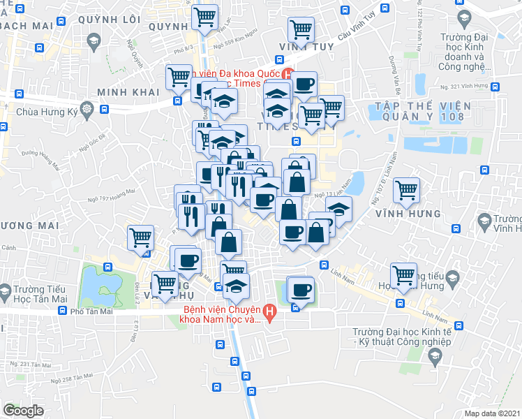 map of restaurants, bars, coffee shops, grocery stores, and more near 83 Lĩnh Nam in Hai Bà Trưng