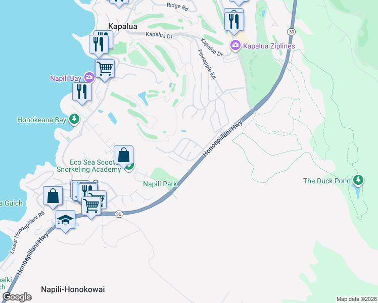 map of restaurants, bars, coffee shops, grocery stores, and more near 232 Crestview Road in Lahaina