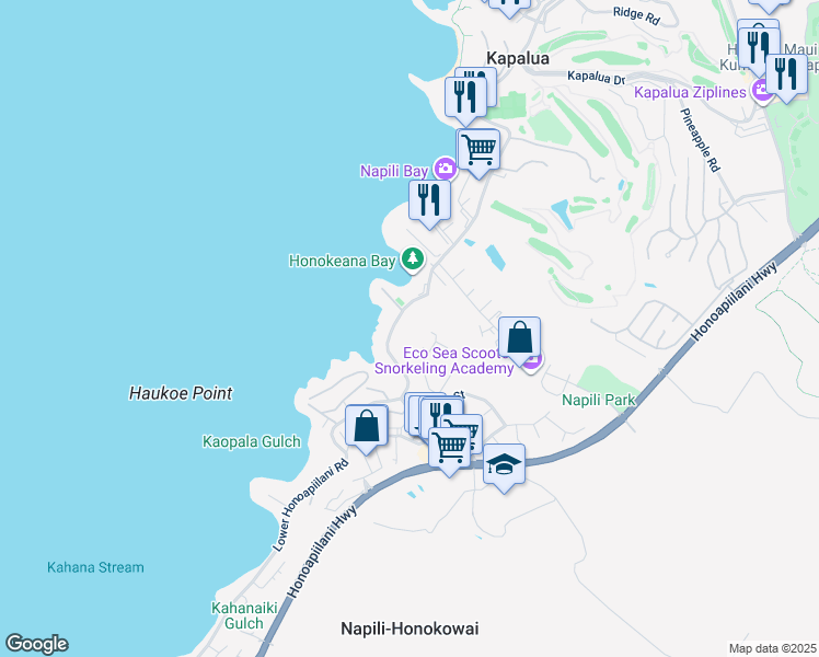 map of restaurants, bars, coffee shops, grocery stores, and more near 5194 Lower Honoapiilani Road in Lahaina