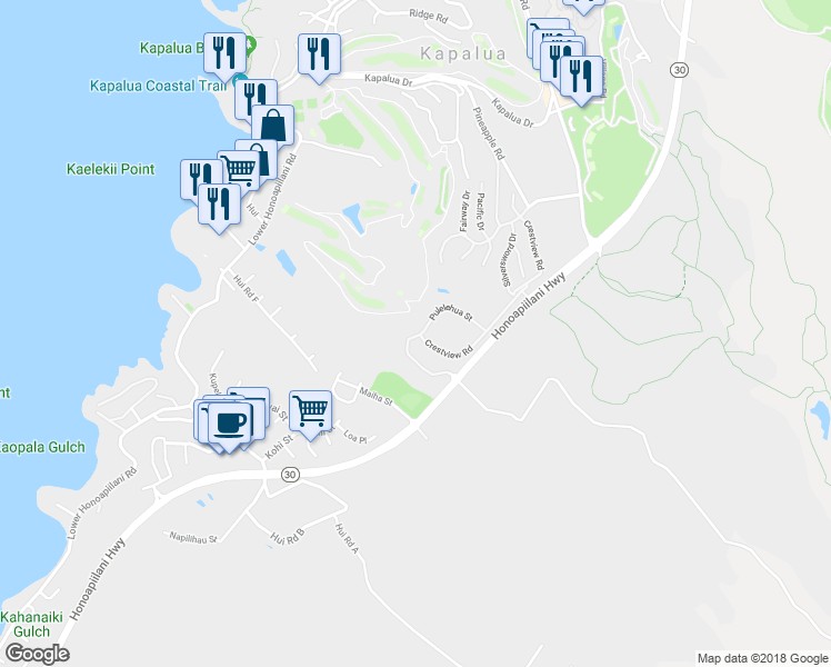 map of restaurants, bars, coffee shops, grocery stores, and more near 118 Pulelehua Place in Lahaina