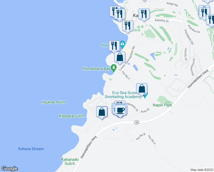 map of restaurants, bars, coffee shops, grocery stores, and more near 5187 Lower Honoapiilani Road in Lahaina
