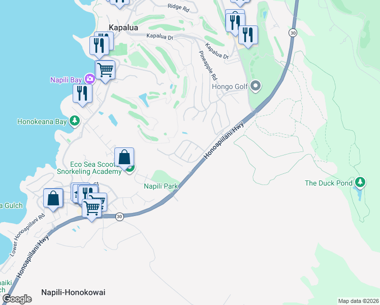 map of restaurants, bars, coffee shops, grocery stores, and more near 230 Crestview Road in Lahaina