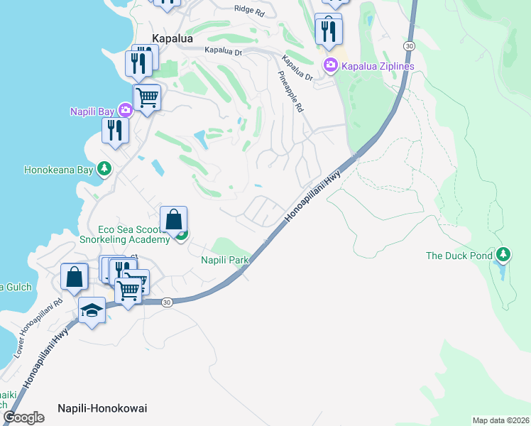 map of restaurants, bars, coffee shops, grocery stores, and more near 232 Crestview Road in Lahaina