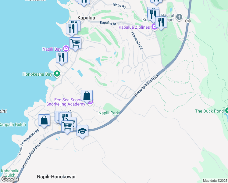 map of restaurants, bars, coffee shops, grocery stores, and more near 118 Pulelehua Place in Lahaina