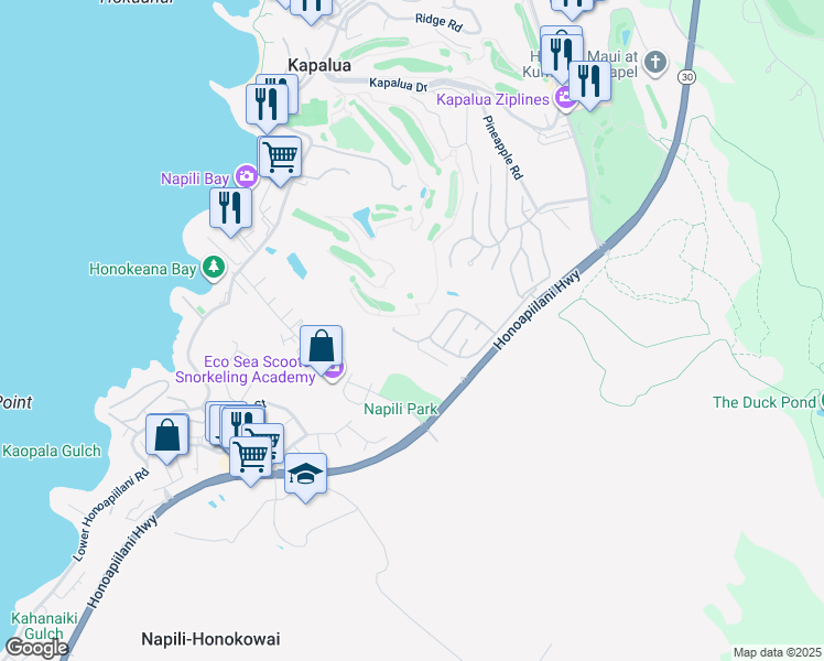 map of restaurants, bars, coffee shops, grocery stores, and more near 120 Pulelehua Place in Lahaina