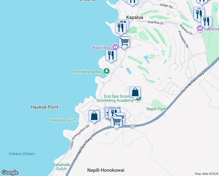map of restaurants, bars, coffee shops, grocery stores, and more near 5210 Lower Honoapiilani Road in Lahaina