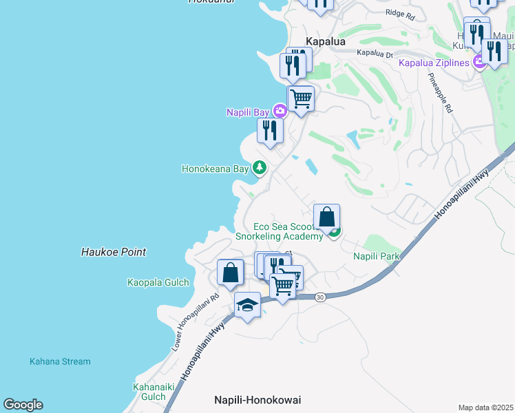 map of restaurants, bars, coffee shops, grocery stores, and more near 5204 Lower Honoapiilani Road in Lahaina