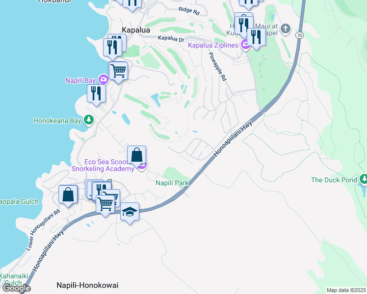 map of restaurants, bars, coffee shops, grocery stores, and more near 116 Pulelehua Street in Lahaina