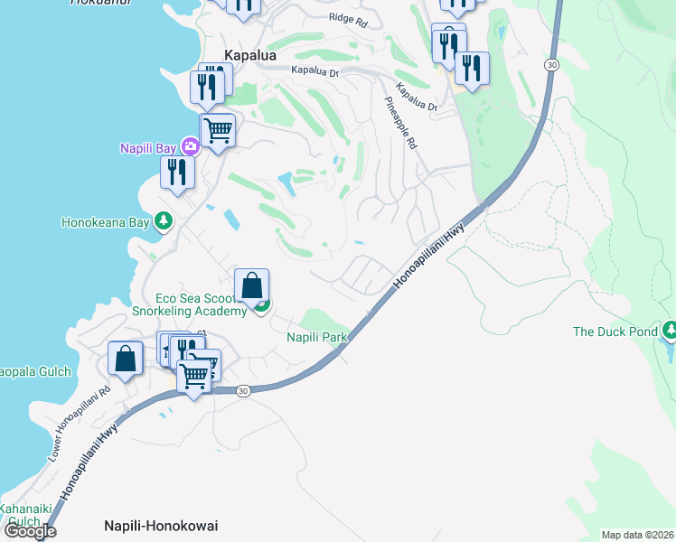 map of restaurants, bars, coffee shops, grocery stores, and more near 116 Pulelehua Street in Lahaina