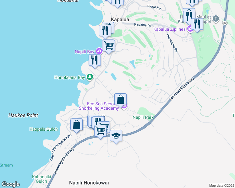 map of restaurants, bars, coffee shops, grocery stores, and more near 115 Hui Road F in Lahaina