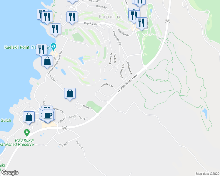 map of restaurants, bars, coffee shops, grocery stores, and more near 101 Pulelehua Street in Lahaina