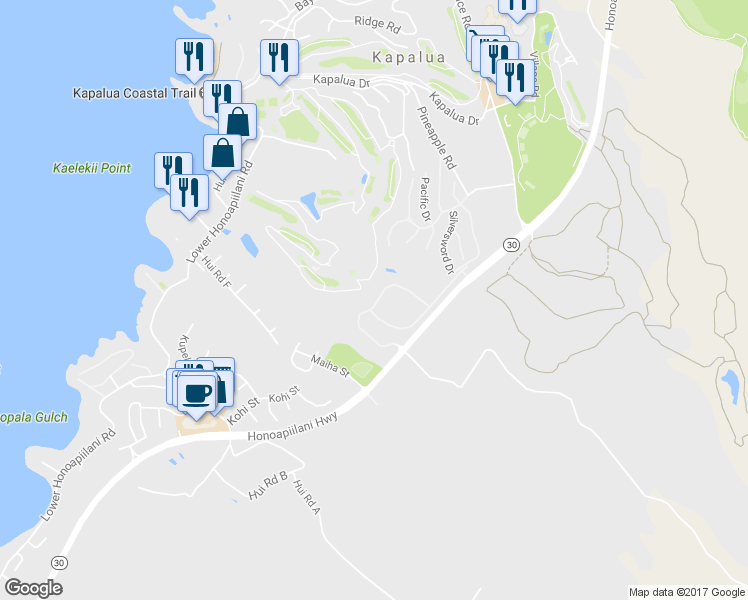 map of restaurants, bars, coffee shops, grocery stores, and more near 114 Pulelehua Street in Lahaina