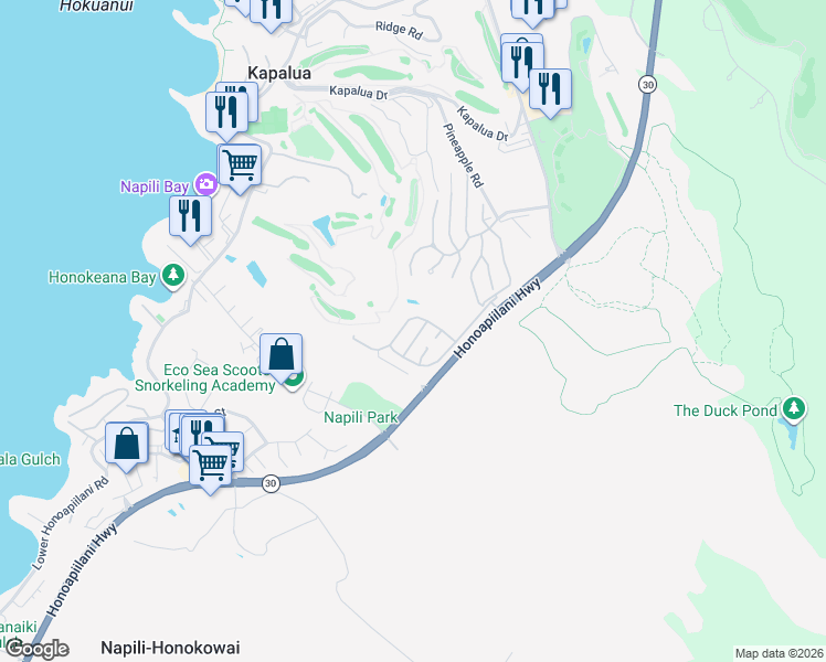map of restaurants, bars, coffee shops, grocery stores, and more near 107 Pulelehua Street in Lahaina