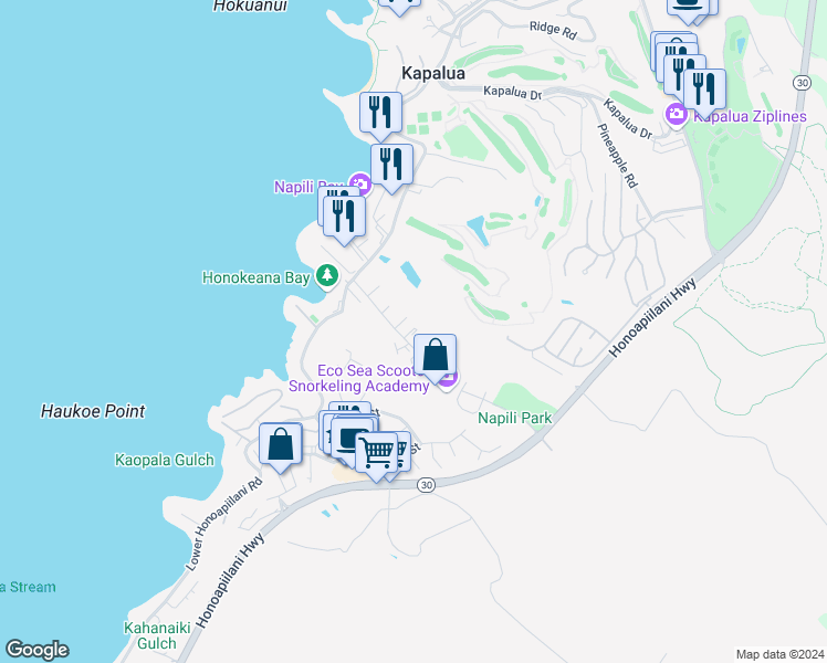 map of restaurants, bars, coffee shops, grocery stores, and more near 121 Hui Road F in Lahaina