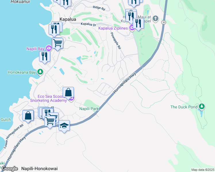 map of restaurants, bars, coffee shops, grocery stores, and more near 101 Pulelehua Street in Lahaina