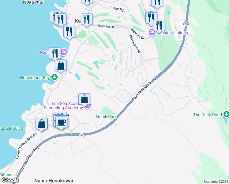 map of restaurants, bars, coffee shops, grocery stores, and more near 114 Pulelehua Street in Lahaina