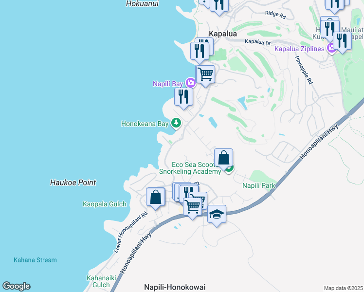 map of restaurants, bars, coffee shops, grocery stores, and more near 5210 Lower Honoapiilani Road in Lahaina