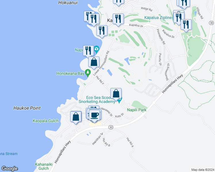 map of restaurants, bars, coffee shops, grocery stores, and more near 99 Hui Road F in Lahaina