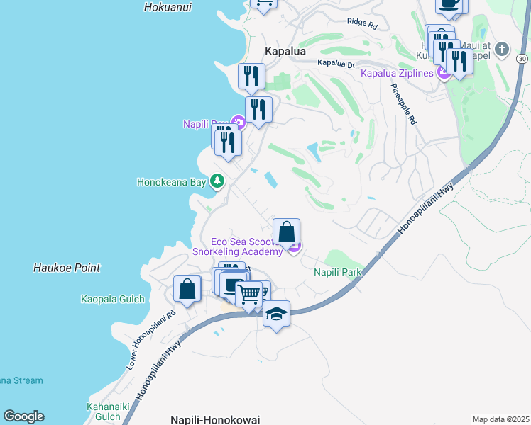map of restaurants, bars, coffee shops, grocery stores, and more near 99 Hui Road F in Lahaina