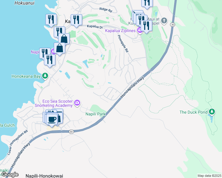 map of restaurants, bars, coffee shops, grocery stores, and more near 105 Pulelehua Street in Lahaina