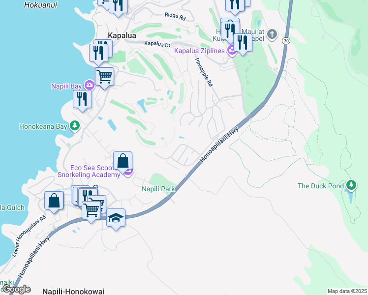 map of restaurants, bars, coffee shops, grocery stores, and more near 105 Pulelehua Street in Lahaina