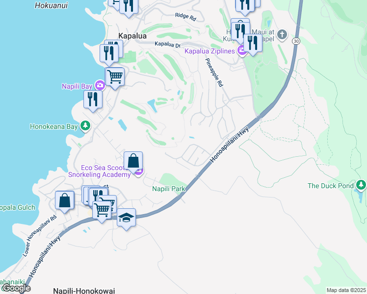 map of restaurants, bars, coffee shops, grocery stores, and more near 112 Pulelehua Street in Lahaina