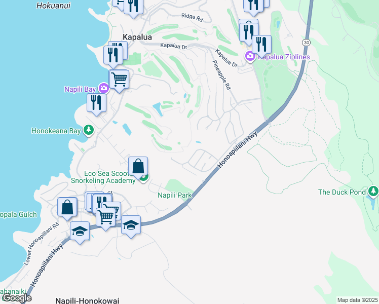 map of restaurants, bars, coffee shops, grocery stores, and more near 112 Pulelehua Street in Lahaina