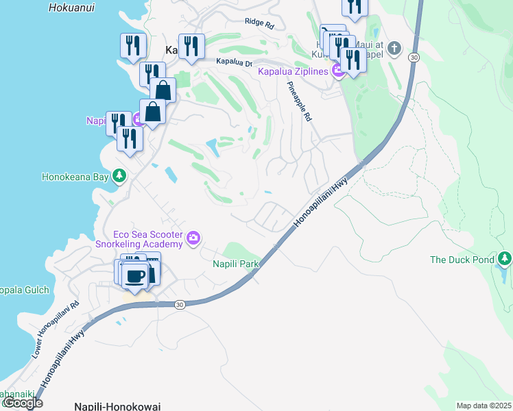 map of restaurants, bars, coffee shops, grocery stores, and more near 112 Pulelehua Street in Lahaina