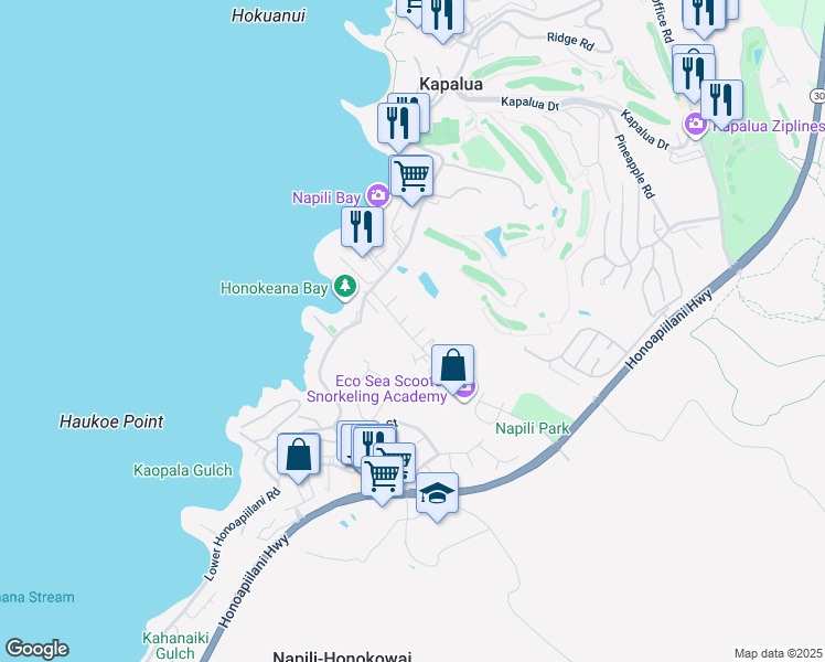 map of restaurants, bars, coffee shops, grocery stores, and more near 43 Wena Place in Lahaina