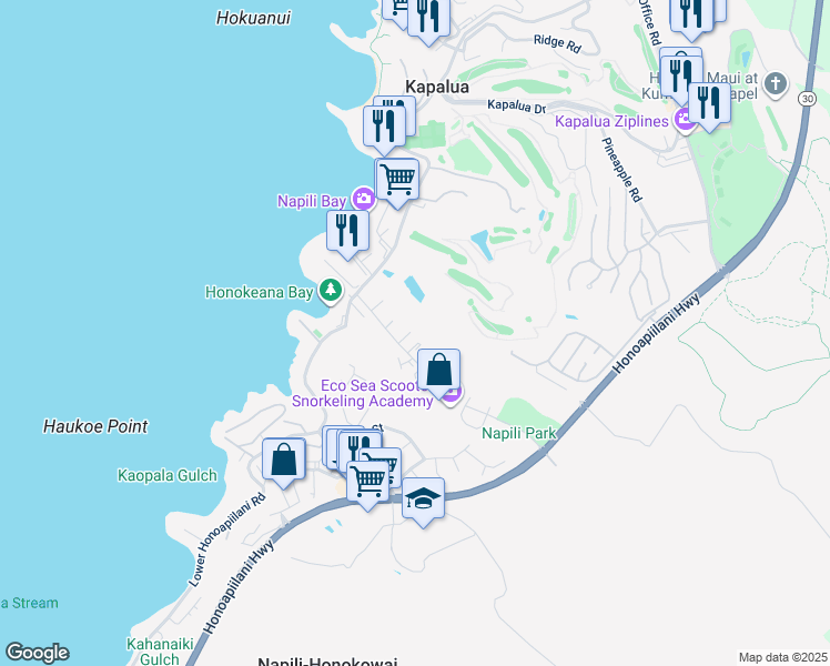 map of restaurants, bars, coffee shops, grocery stores, and more near 95 Hui Road F in Lahaina