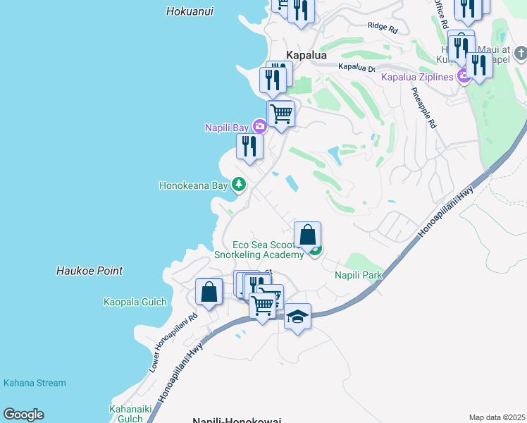map of restaurants, bars, coffee shops, grocery stores, and more near 43 Wena Place in Lahaina