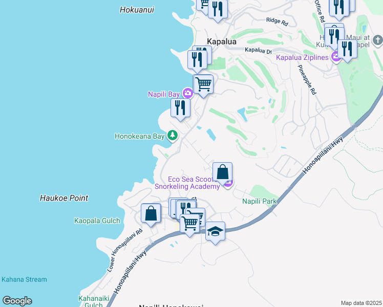 map of restaurants, bars, coffee shops, grocery stores, and more near 46 Hui Road F in Lahaina