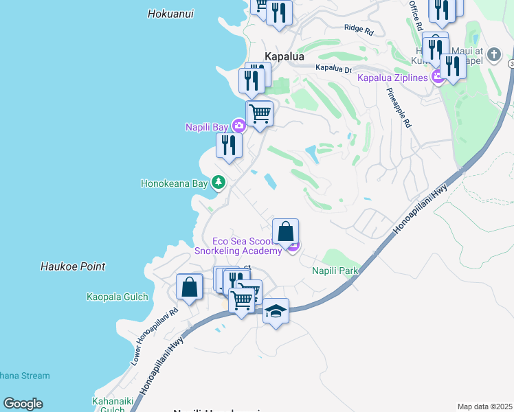 map of restaurants, bars, coffee shops, grocery stores, and more near 79 Wena Place in Lahaina