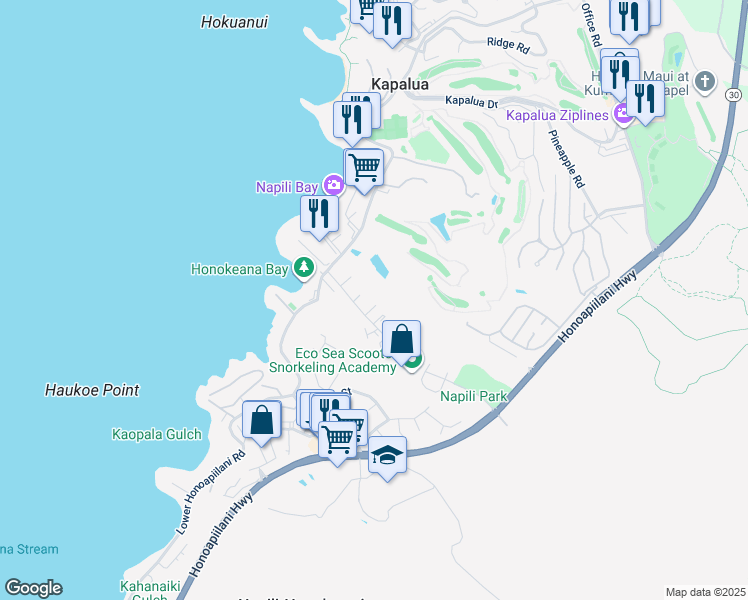 map of restaurants, bars, coffee shops, grocery stores, and more near 91 Hui Road F in Lahaina