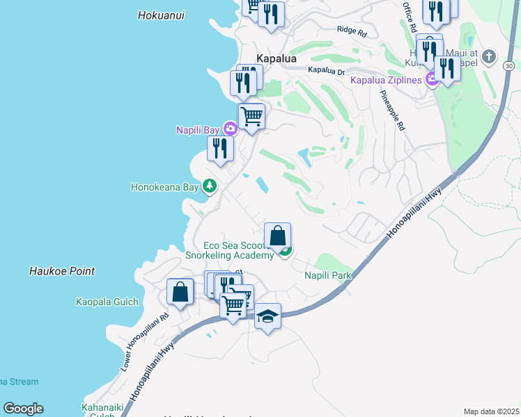 map of restaurants, bars, coffee shops, grocery stores, and more near 91 Hui Road F in Lahaina