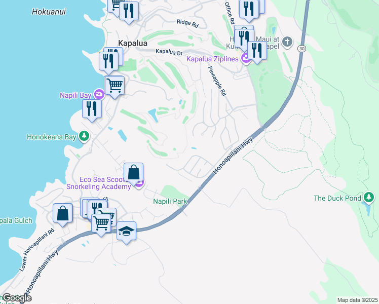 map of restaurants, bars, coffee shops, grocery stores, and more near 108 Pulelehua Street in Lahaina