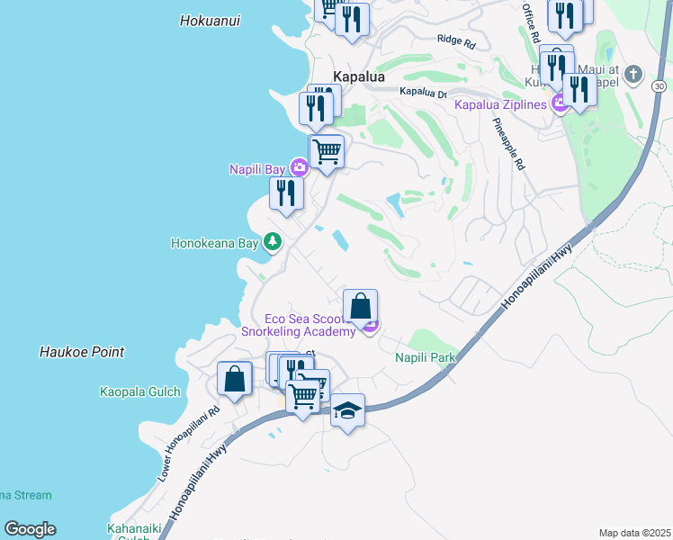 map of restaurants, bars, coffee shops, grocery stores, and more near 95 Hui Road F in Lahaina