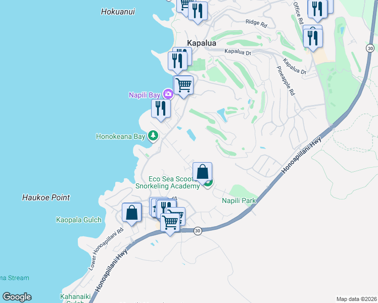 map of restaurants, bars, coffee shops, grocery stores, and more near 91 Hui Road F in Lahaina