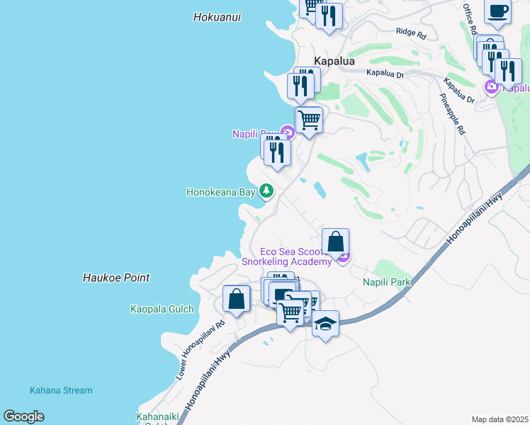map of restaurants, bars, coffee shops, grocery stores, and more near 5255 Lower Honoapiilani Road in Lahaina