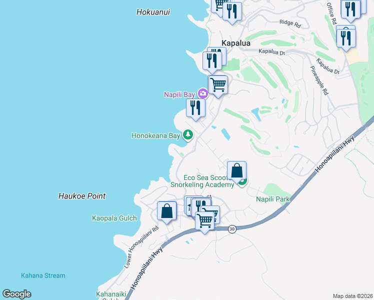 map of restaurants, bars, coffee shops, grocery stores, and more near 5271 Lower Honoapiilani Road in Lahaina
