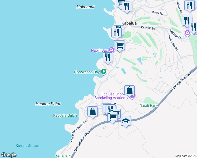 map of restaurants, bars, coffee shops, grocery stores, and more near 30 Papaua Place in Lahaina