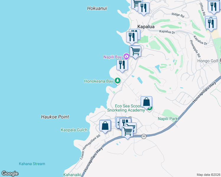 map of restaurants, bars, coffee shops, grocery stores, and more near 34 Papaua Place in Lahaina