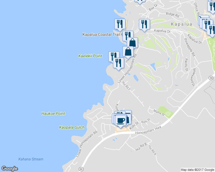 map of restaurants, bars, coffee shops, grocery stores, and more near 34 Papaua Place in Lahaina