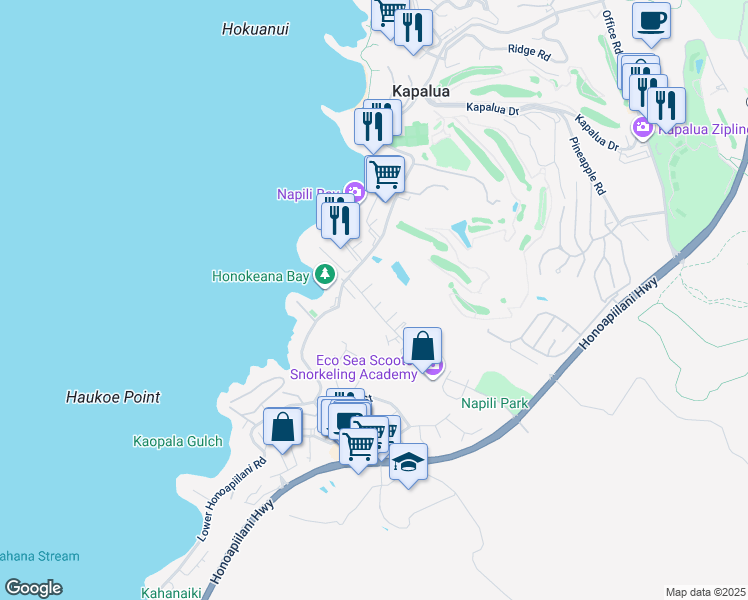 map of restaurants, bars, coffee shops, grocery stores, and more near 41 Wena Place in Lahaina